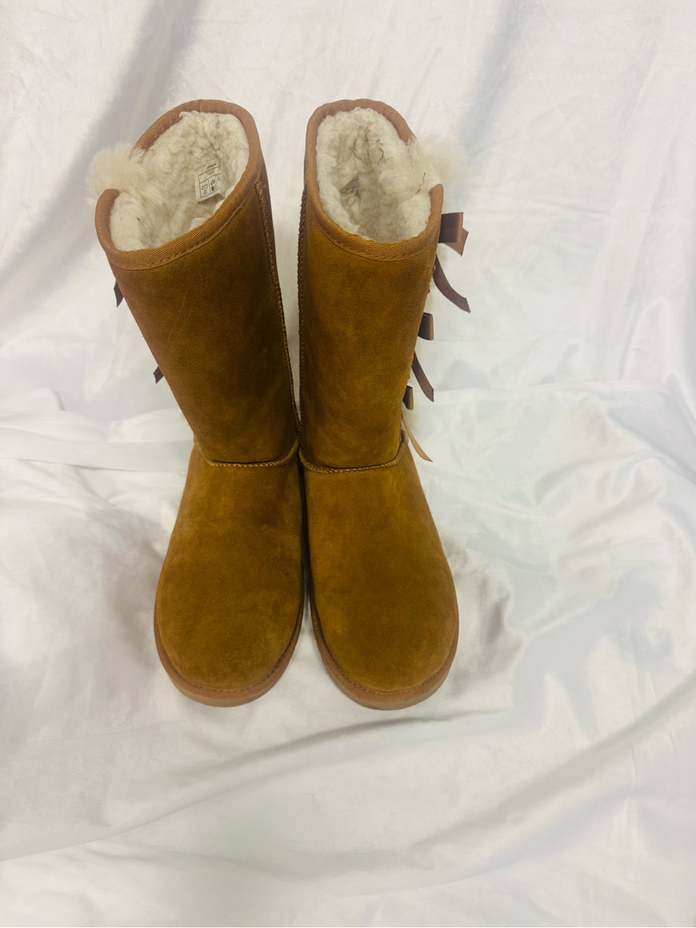 Koolaburra Tall Chestnut Suede Shearling Boots with Side Bows Size 9 Women